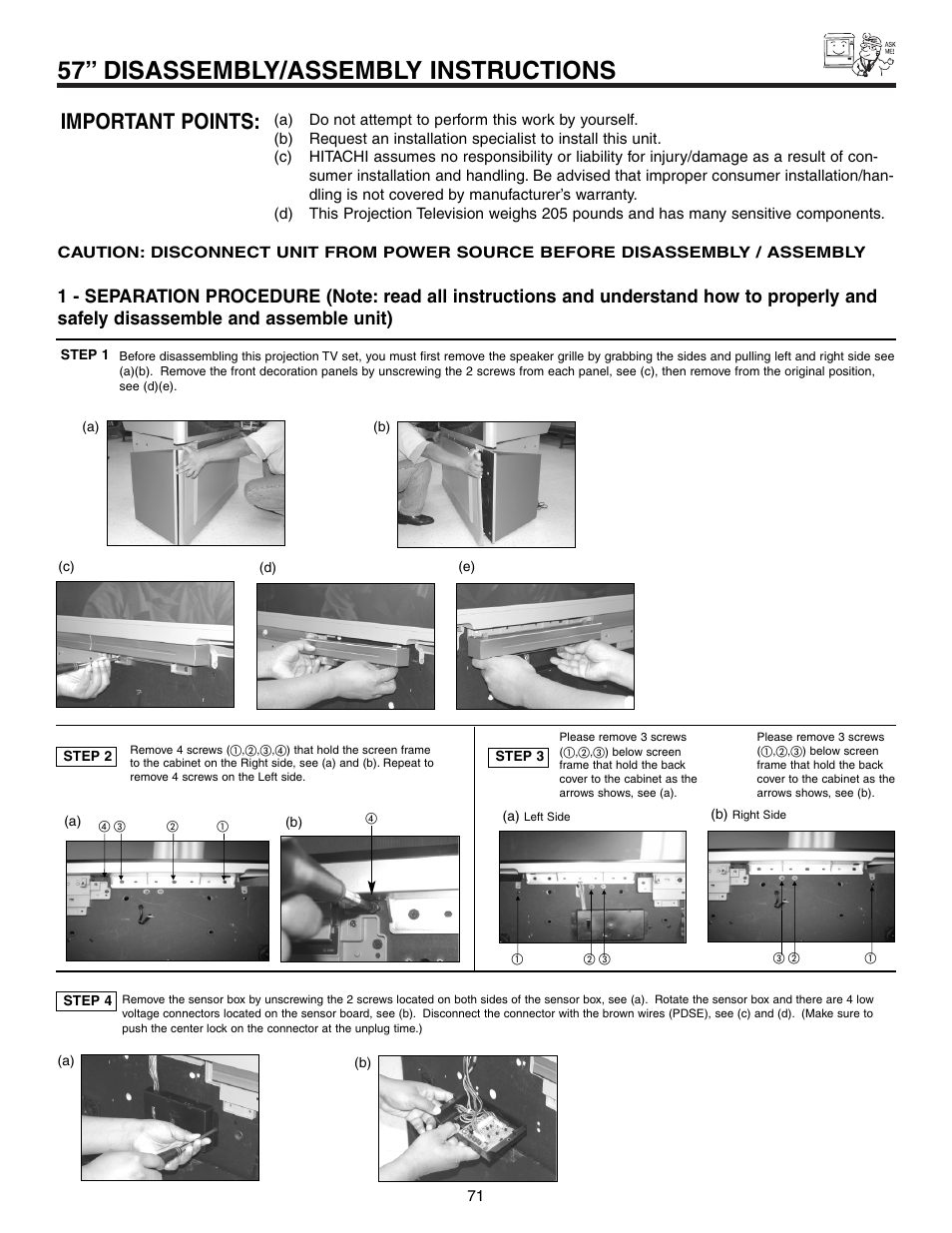 57” disassembly/assembly instructions, Important points | Hitachi 57F710S User Manual | Page 71 / 80