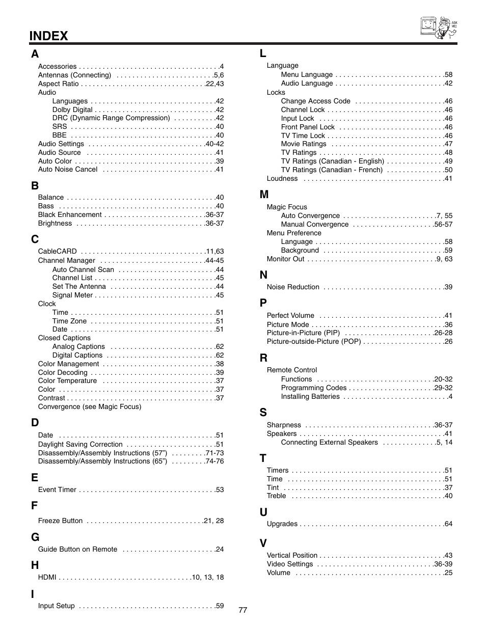 Index | Hitachi 57F710S User Manual | Page 77 / 80