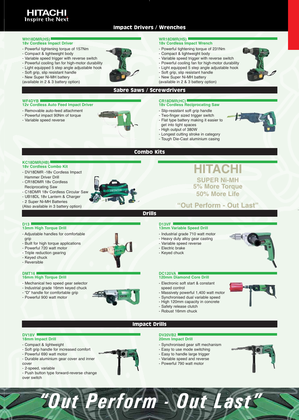 Out perform - out last, Hitachi, Super | More power. more life, Super ni-mh 5% more torque 50% more life | Hitachi DS14DVF3 User Manual | Page 2 / 30