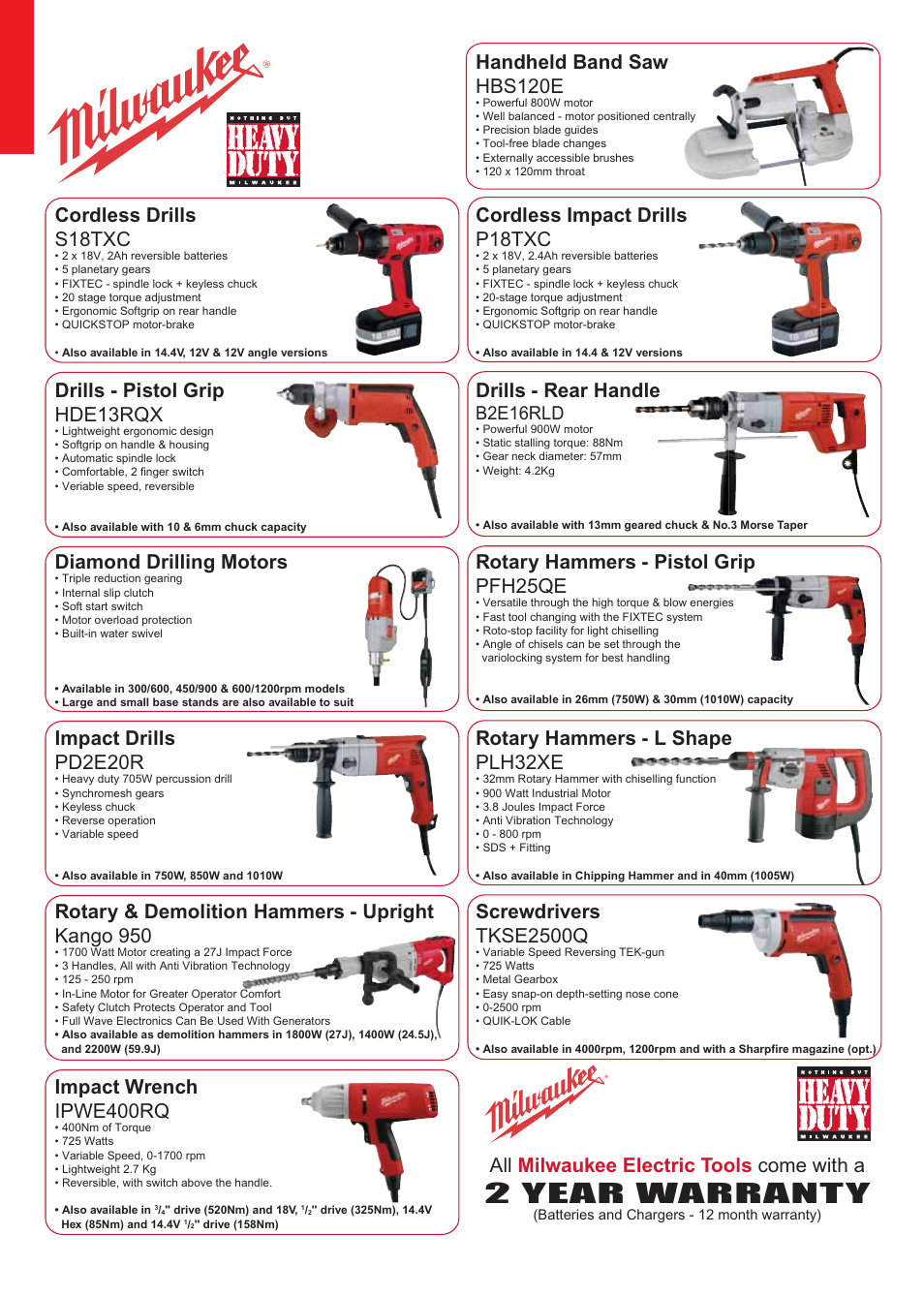 2 year warrant y, All milwaukee electric tools come with a, Cordless drills s18txc | Drills - pistol grip hde13rqx, Rotary hammers - pistol grip pfh25qe, Cordless impact drills p18txc, Drills - rear handle, Diamond drilling motors, Handheld band saw hbs120e, Impact drills pd2e20r | Hitachi DS14DVF3 User Manual | Page 25 / 30