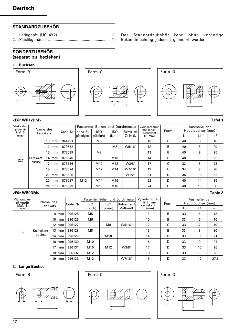 Deutsch, Sonderzubehör (separat zu beziehen), Standardzubehör | Hitachi WR 12DM User Manual | Page 18 / 98