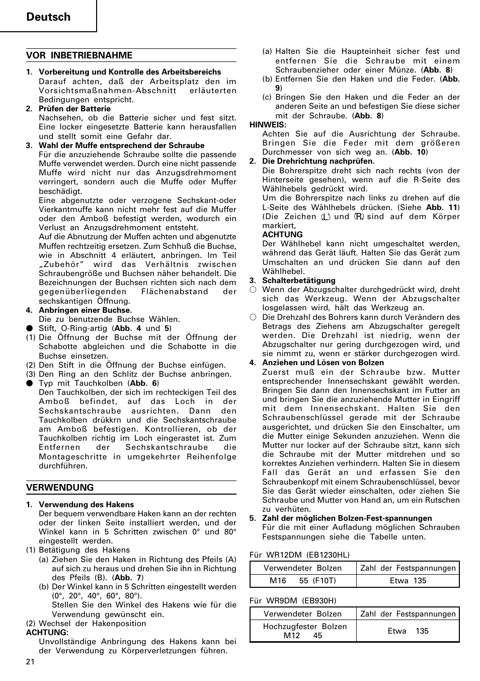 Deutsch | Hitachi WR 12DM User Manual | Page 22 / 98