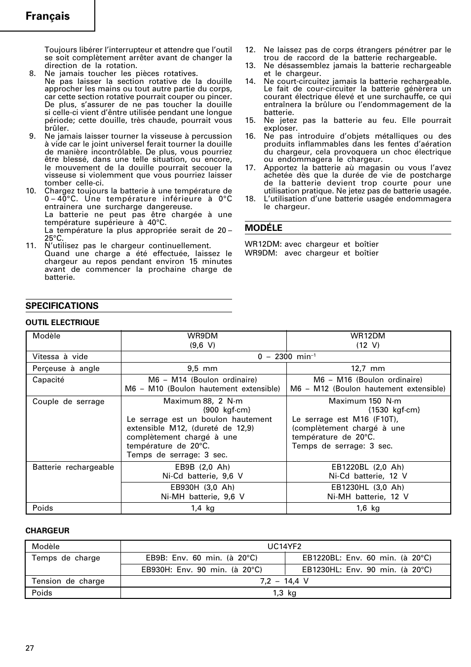 Français | Hitachi WR 12DM User Manual | Page 28 / 98