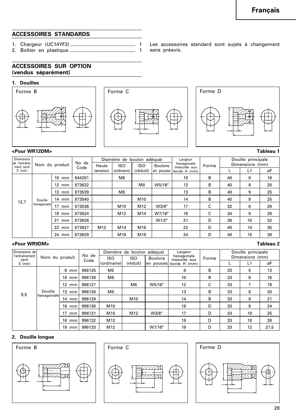 Français, Accessoires standards, Accessoires sur option (vendus séparément) | Hitachi WR 12DM User Manual | Page 29 / 98