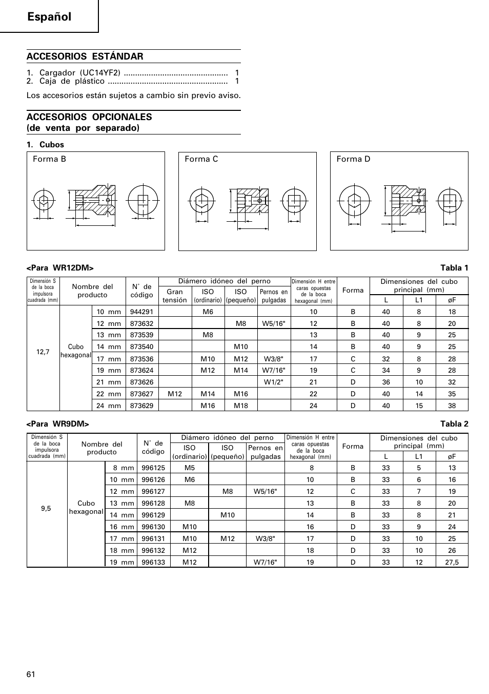 Español, Accesorios opcionales (de venta por separado), Accesorios estándar | Hitachi WR 12DM User Manual | Page 62 / 98