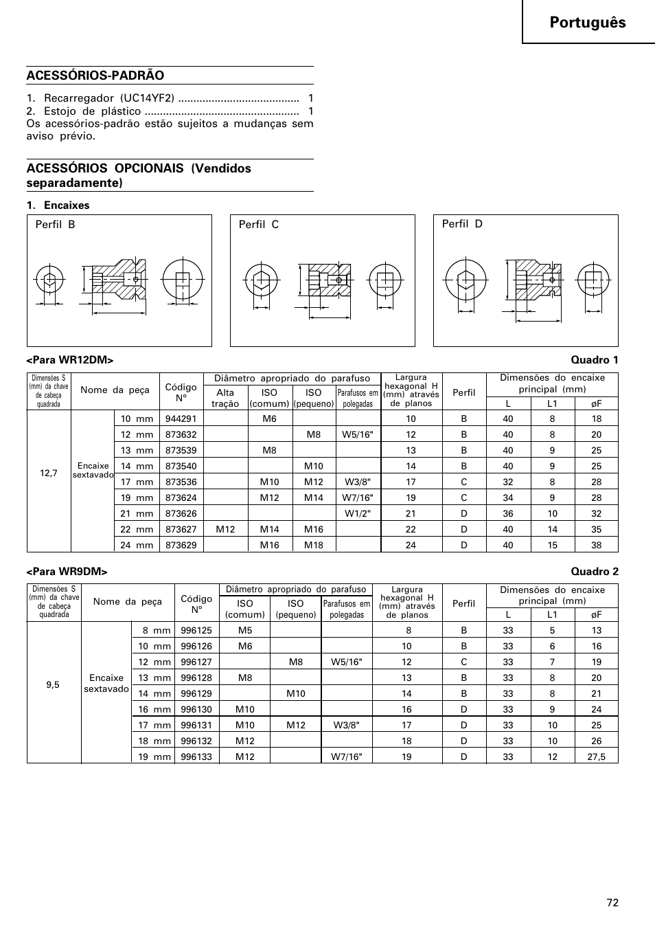 Português, Acessórios opcionais (vendidos separadamente), Acessórios-padrão | Hitachi WR 12DM User Manual | Page 73 / 98