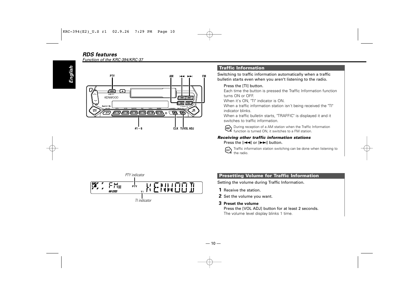 Rds features | Kenwood KRC-31 User Manual | Page 10 / 122