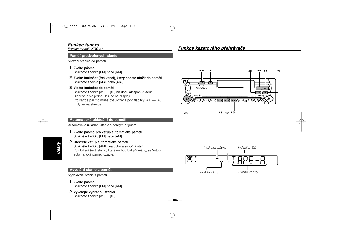 Funkce kazetového přehrávače | Kenwood KRC-31 User Manual | Page 104 / 122