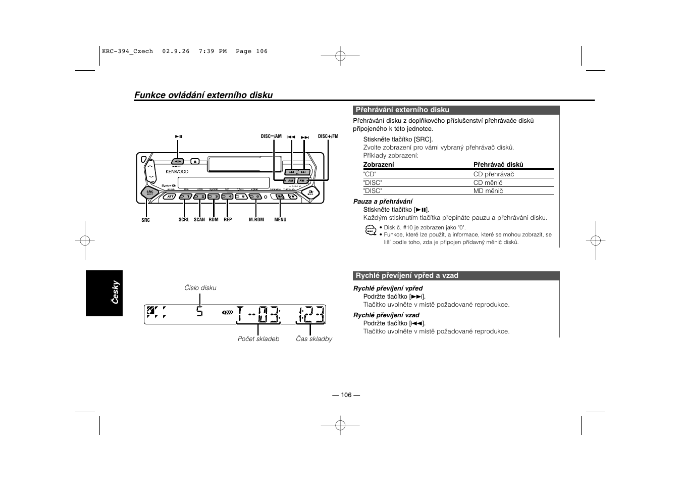 Funkce ovladani externiho disku, Funkce ovládání externího disku | Kenwood KRC-31 User Manual | Page 106 / 122