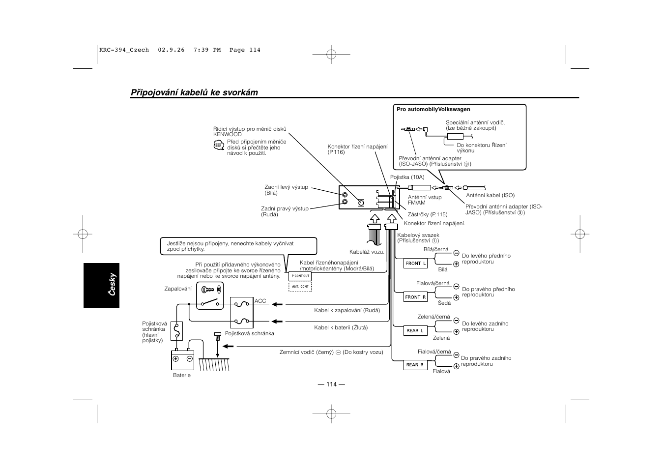 Připojování kabelů ke svorkám, Česky | Kenwood KRC-31 User Manual | Page 114 / 122