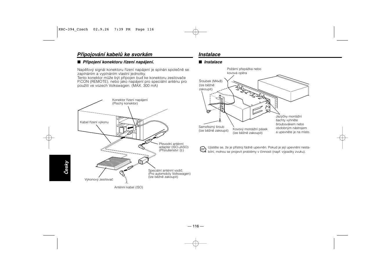 Instalace, Připojování kabelů ke svorkám | Kenwood KRC-31 User Manual | Page 116 / 122