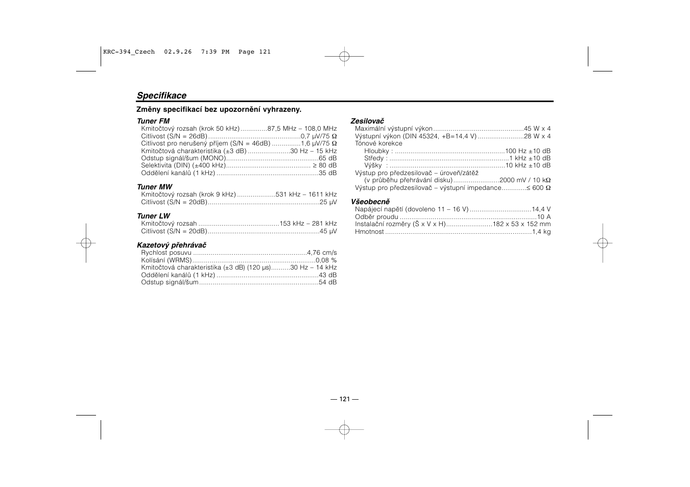 Specifikace | Kenwood KRC-31 User Manual | Page 121 / 122