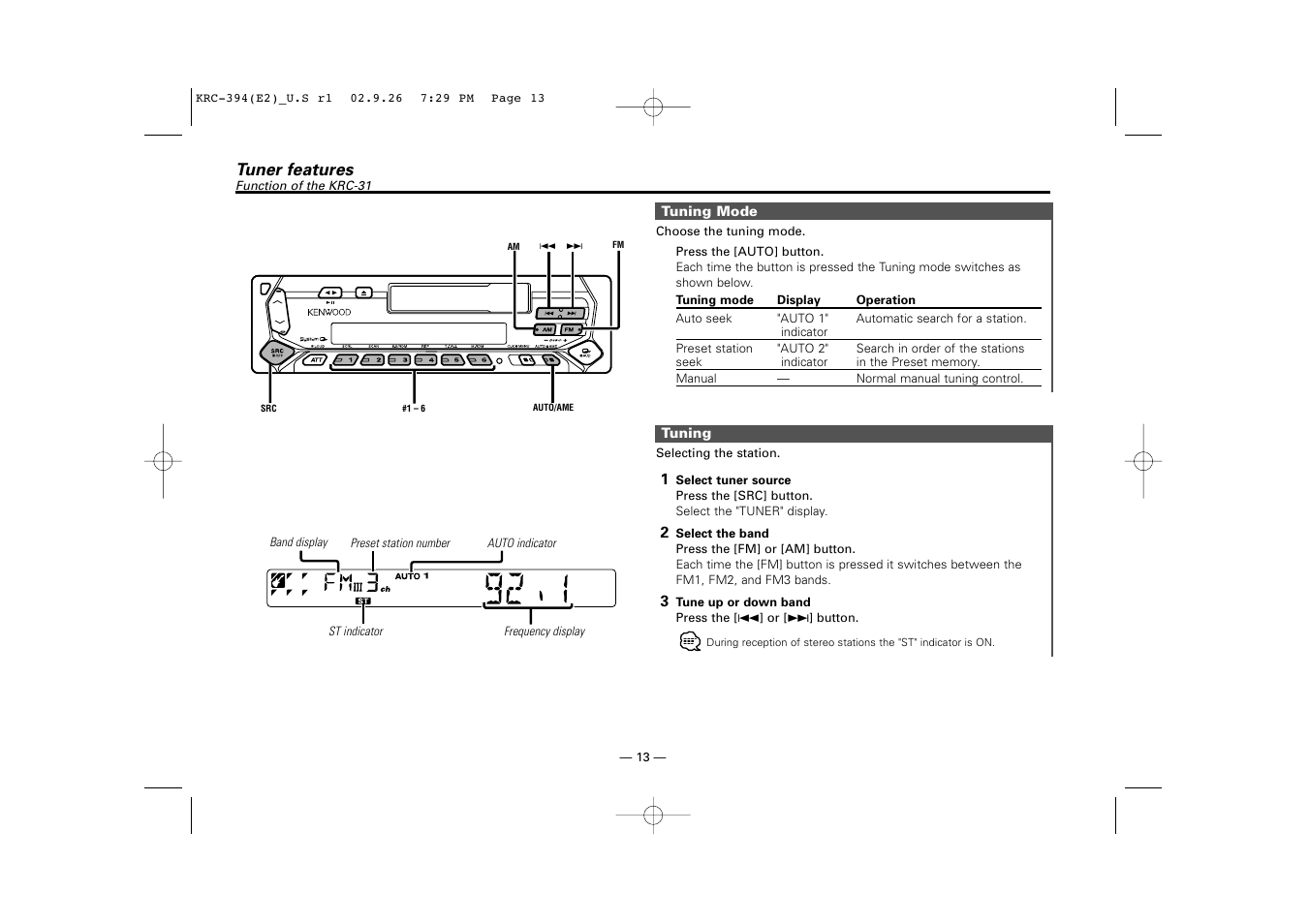 Tuner features (krc-31) | Kenwood KRC-31 User Manual | Page 13 / 122