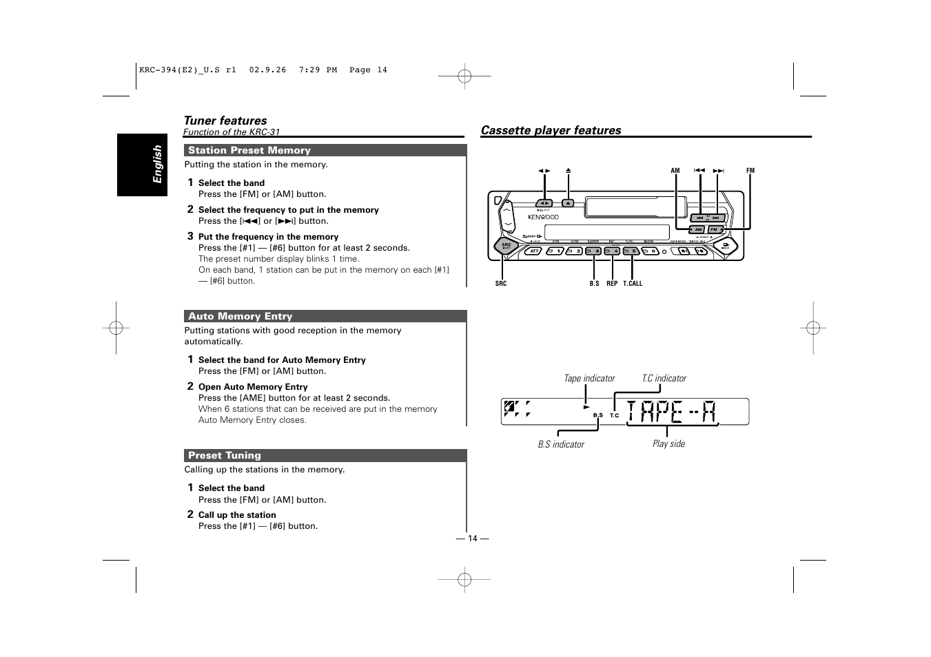 Cassette player features | Kenwood KRC-31 User Manual | Page 14 / 122