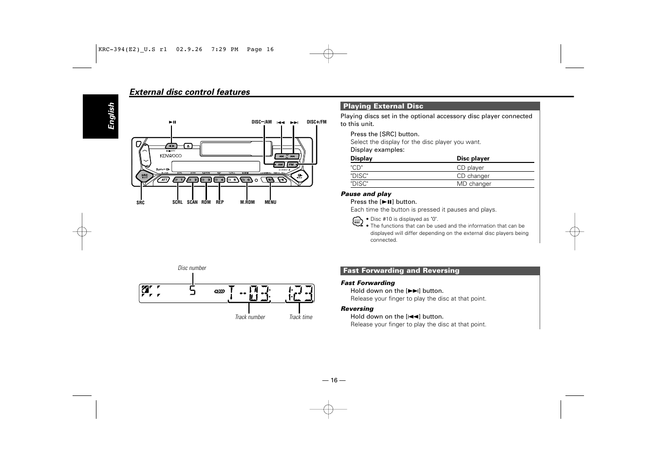 External disc control features | Kenwood KRC-31 User Manual | Page 16 / 122