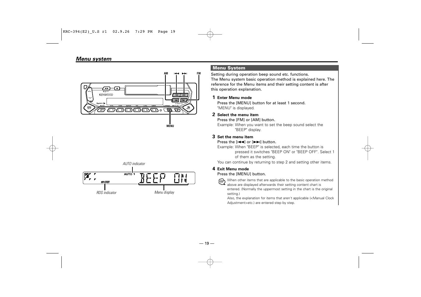 Menu system | Kenwood KRC-31 User Manual | Page 19 / 122