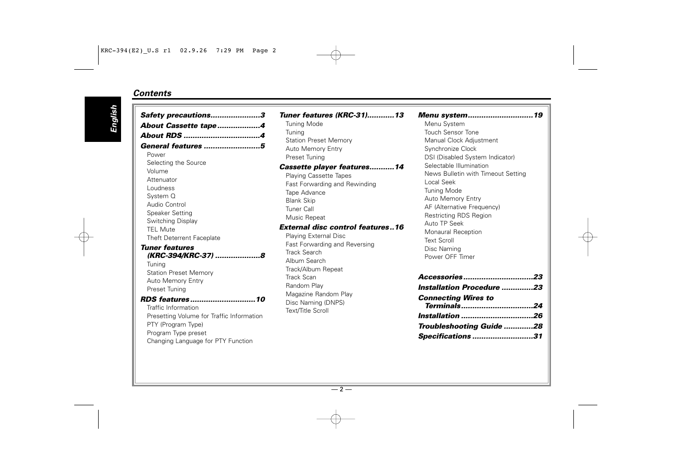 English | Kenwood KRC-31 User Manual | Page 2 / 122