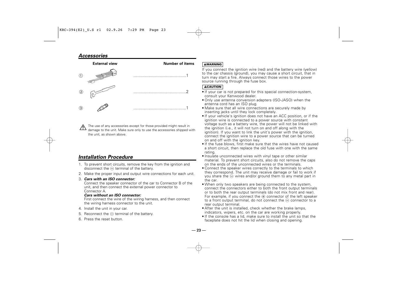 Accessories, Installation procedure | Kenwood KRC-31 User Manual | Page 23 / 122