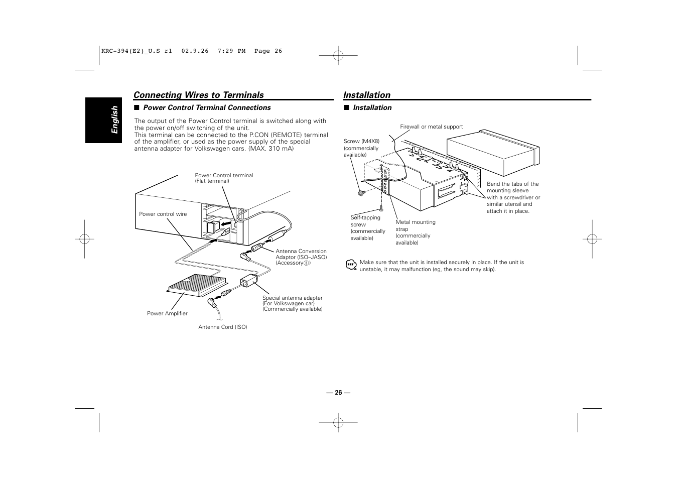 Installation, Connecting wires to terminals | Kenwood KRC-31 User Manual | Page 26 / 122