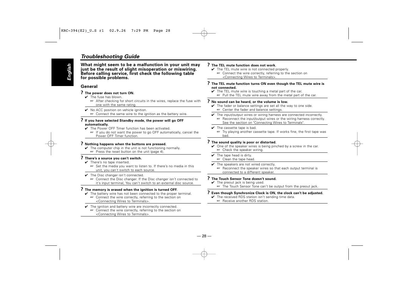 Troubleshooting guide | Kenwood KRC-31 User Manual | Page 28 / 122