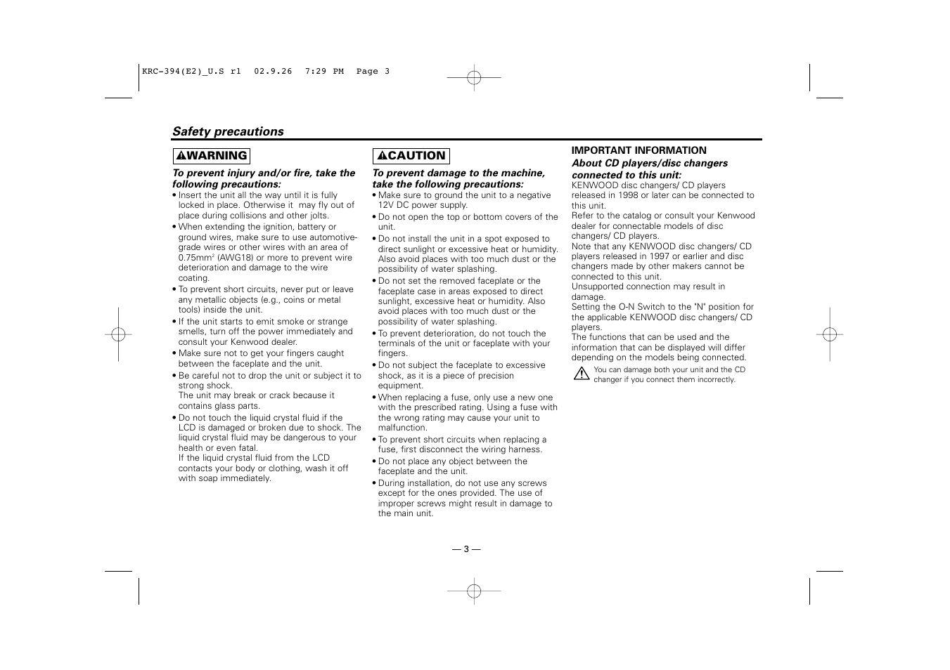 Safety precautions | Kenwood KRC-31 User Manual | Page 3 / 122