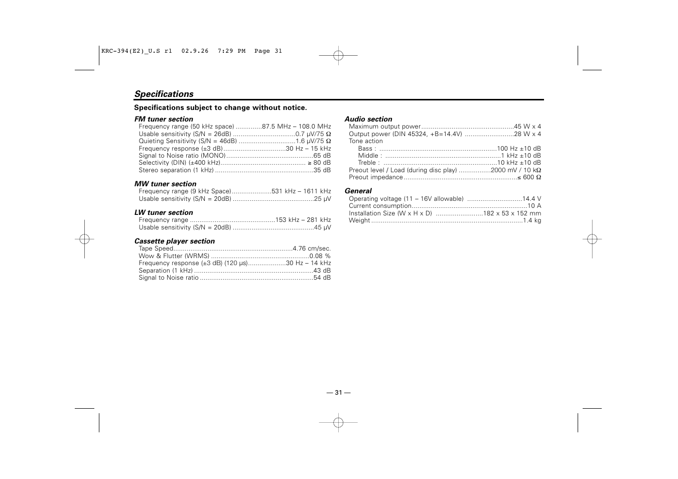 Specifications | Kenwood KRC-31 User Manual | Page 31 / 122