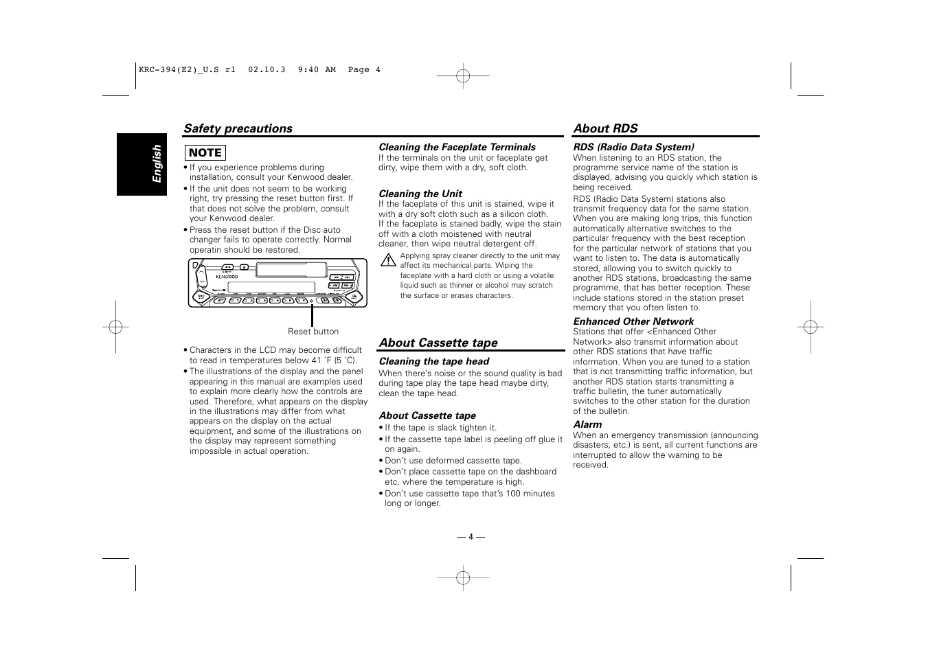 About cassette tape, About rds | Kenwood KRC-31 User Manual | Page 4 / 122