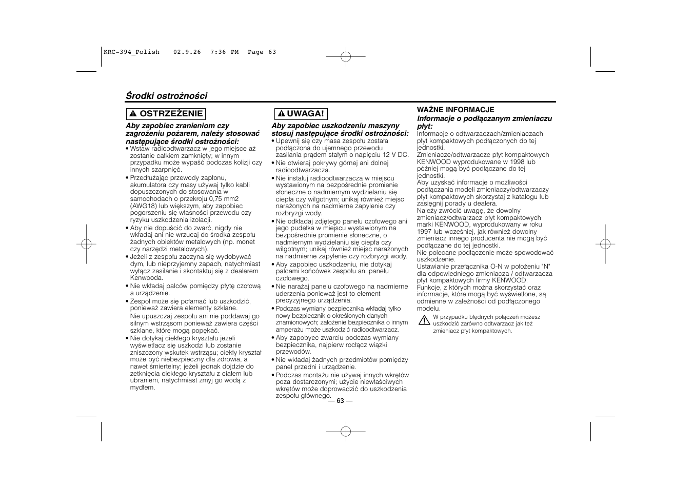 Środki ostrożności | Kenwood KRC-31 User Manual | Page 63 / 122