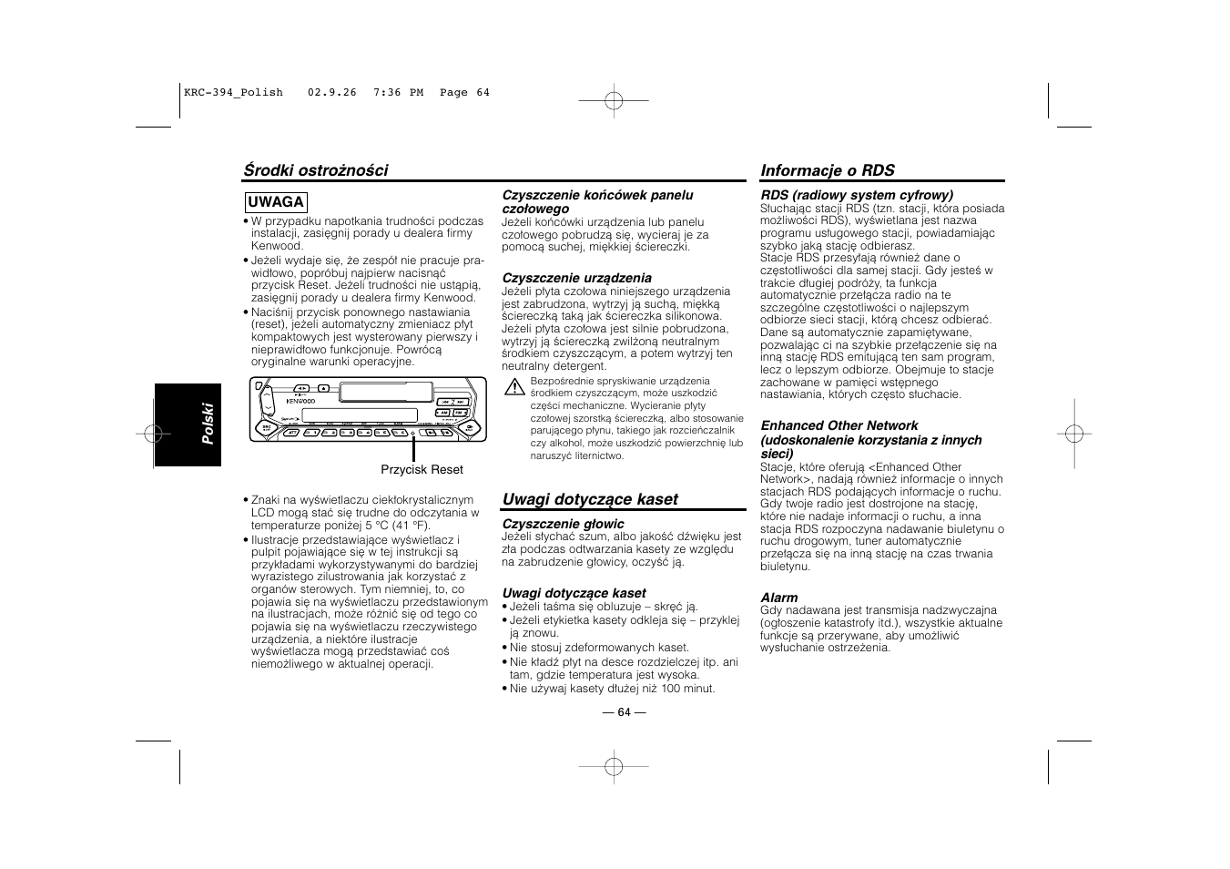 Uwagi dotyczące kaset, Informacje o rds | Kenwood KRC-31 User Manual | Page 64 / 122