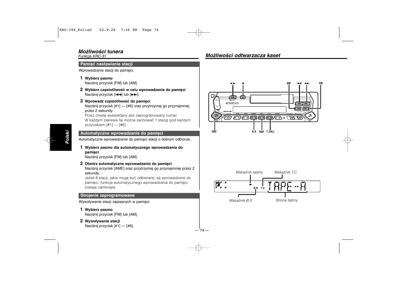 Możliwości odtwarzacza kaset | Kenwood KRC-31 User Manual | Page 74 / 122