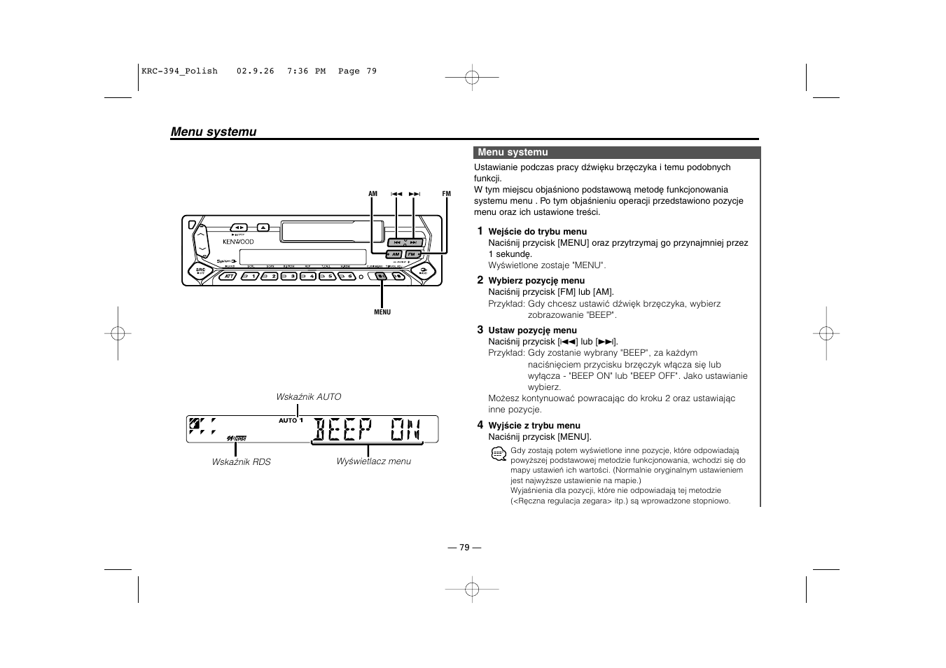 Menu systemu | Kenwood KRC-31 User Manual | Page 79 / 122