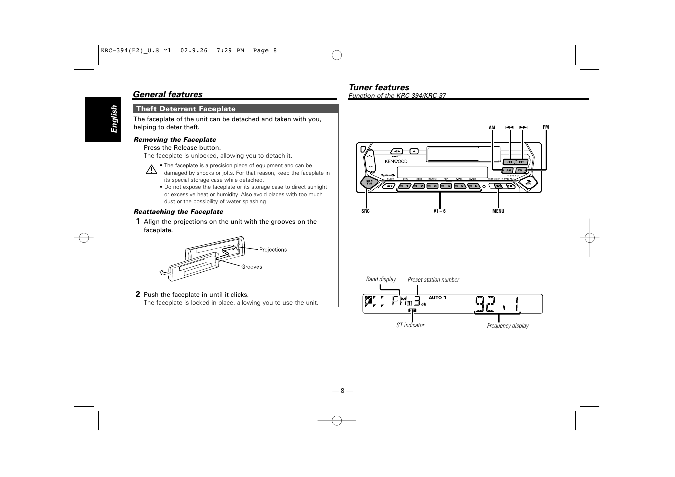 Tuner features (krc-394/krc-37) | Kenwood KRC-31 User Manual | Page 8 / 122