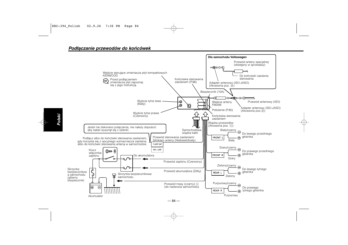 Podłączanie przewodów do końcówek, Polski | Kenwood KRC-31 User Manual | Page 84 / 122