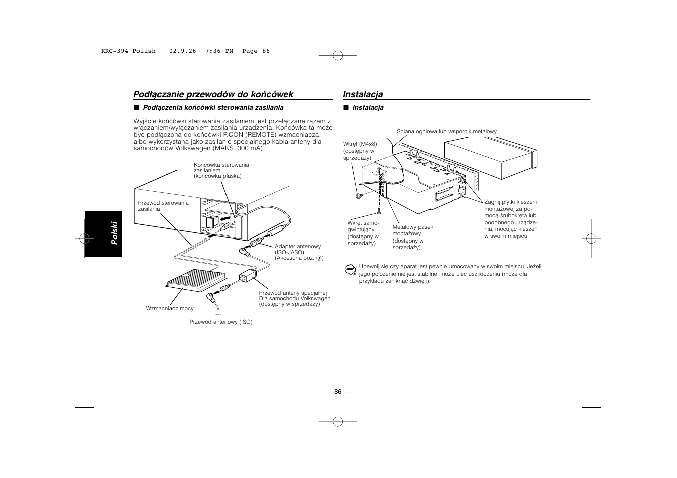 Instalacja, Podłączanie przewodów do końcówek | Kenwood KRC-31 User Manual | Page 86 / 122