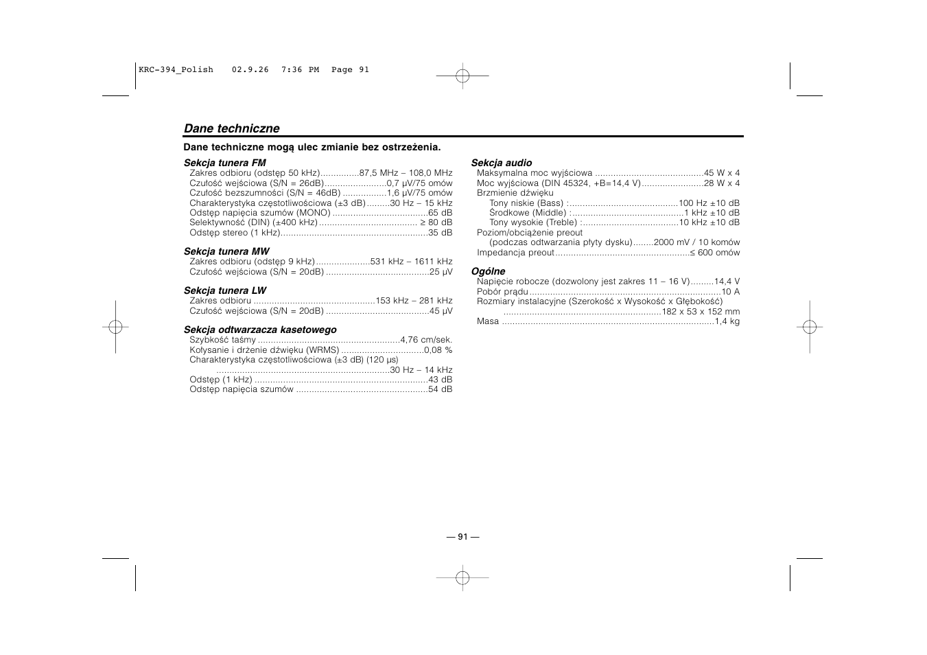 Dane techniczne | Kenwood KRC-31 User Manual | Page 91 / 122