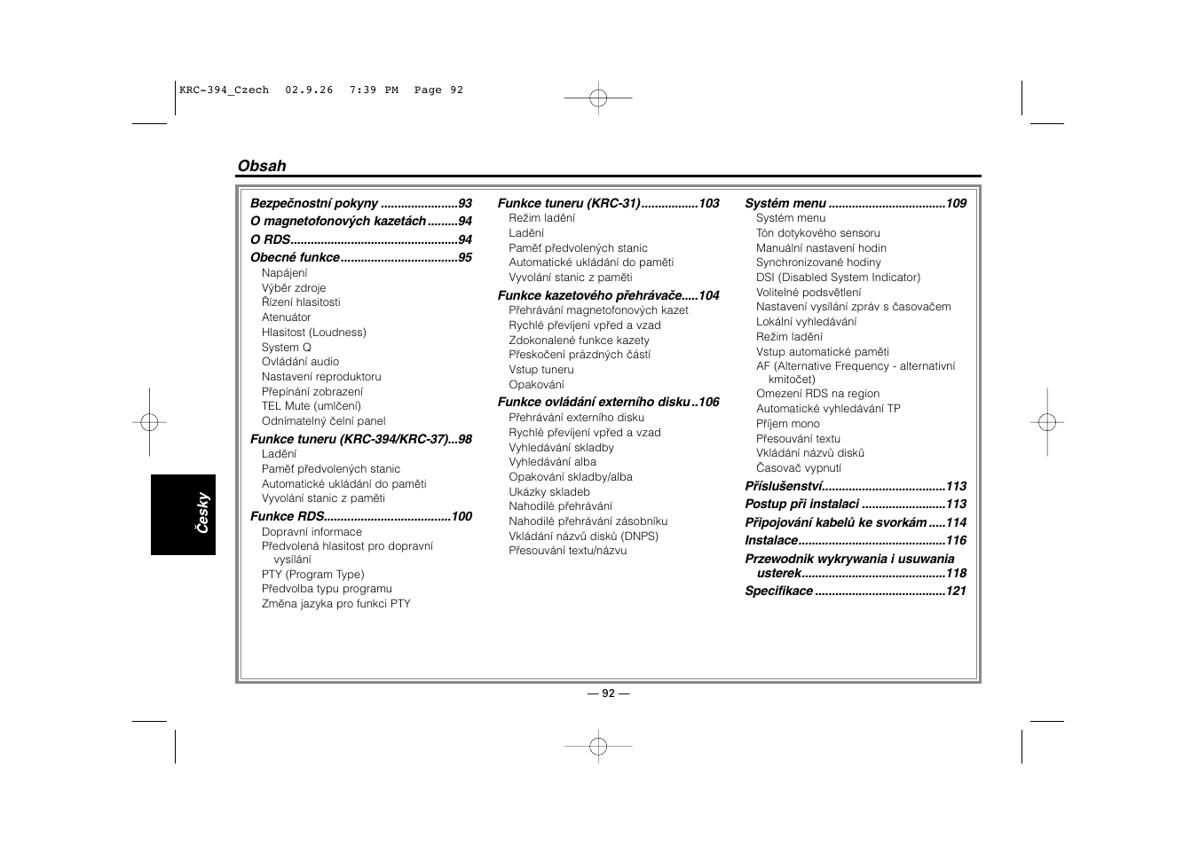 Česky | Kenwood KRC-31 User Manual | Page 92 / 122