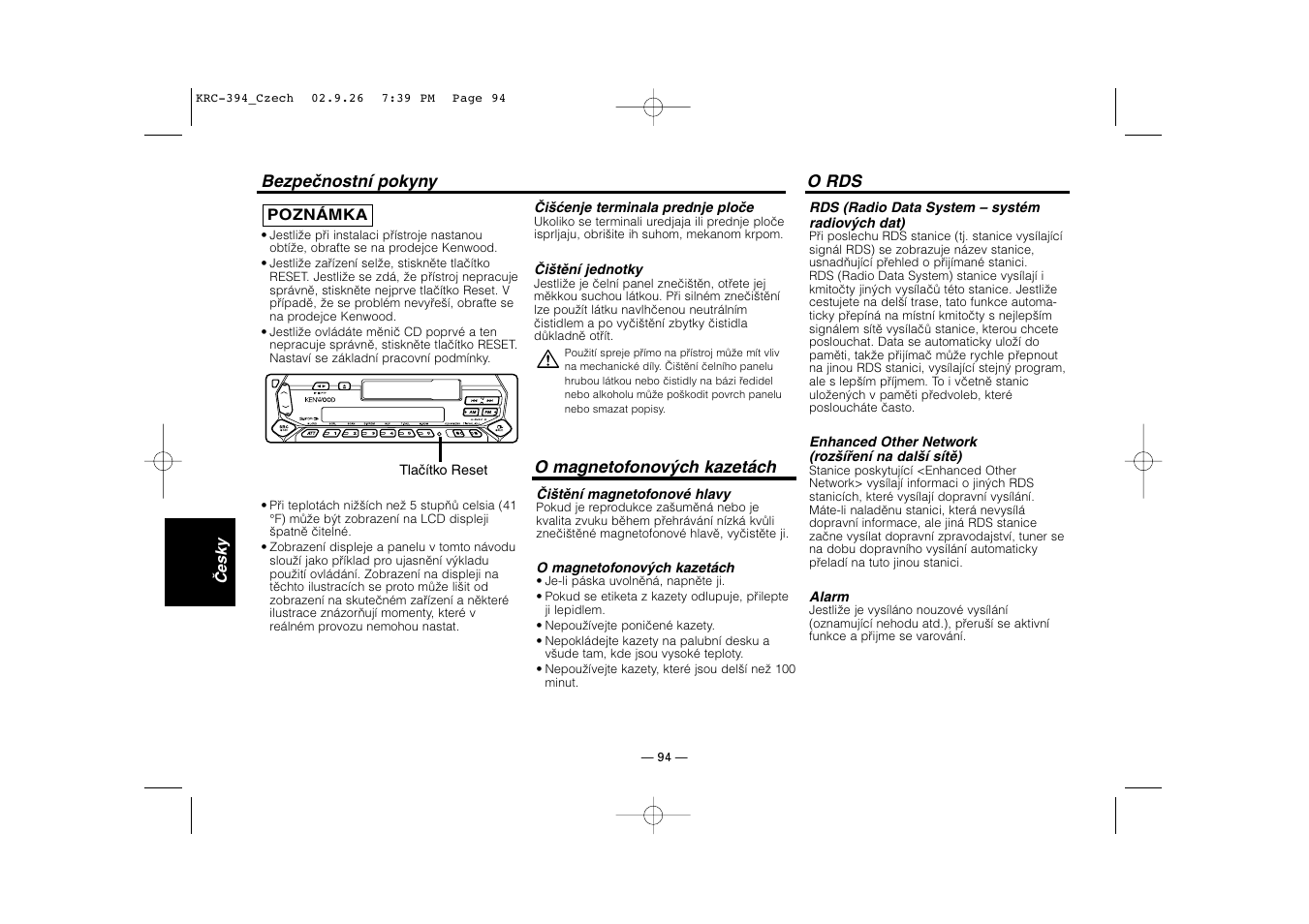 O magnetofonovych kazetach, O rds | Kenwood KRC-31 User Manual | Page 94 / 122