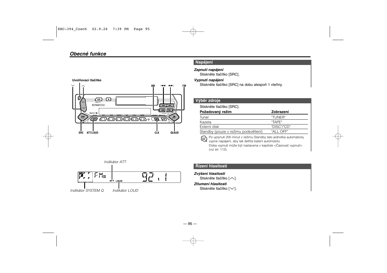 Obecne funkce, Obecné funkce | Kenwood KRC-31 User Manual | Page 95 / 122