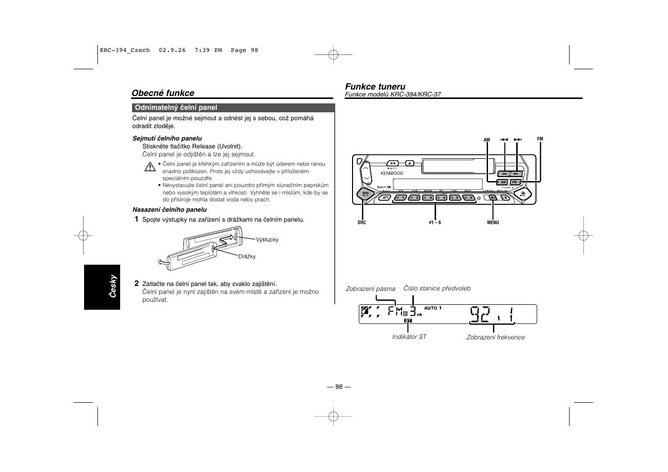 Funkce tuneru (krc-394/krc-37) | Kenwood KRC-31 User Manual | Page 98 / 122