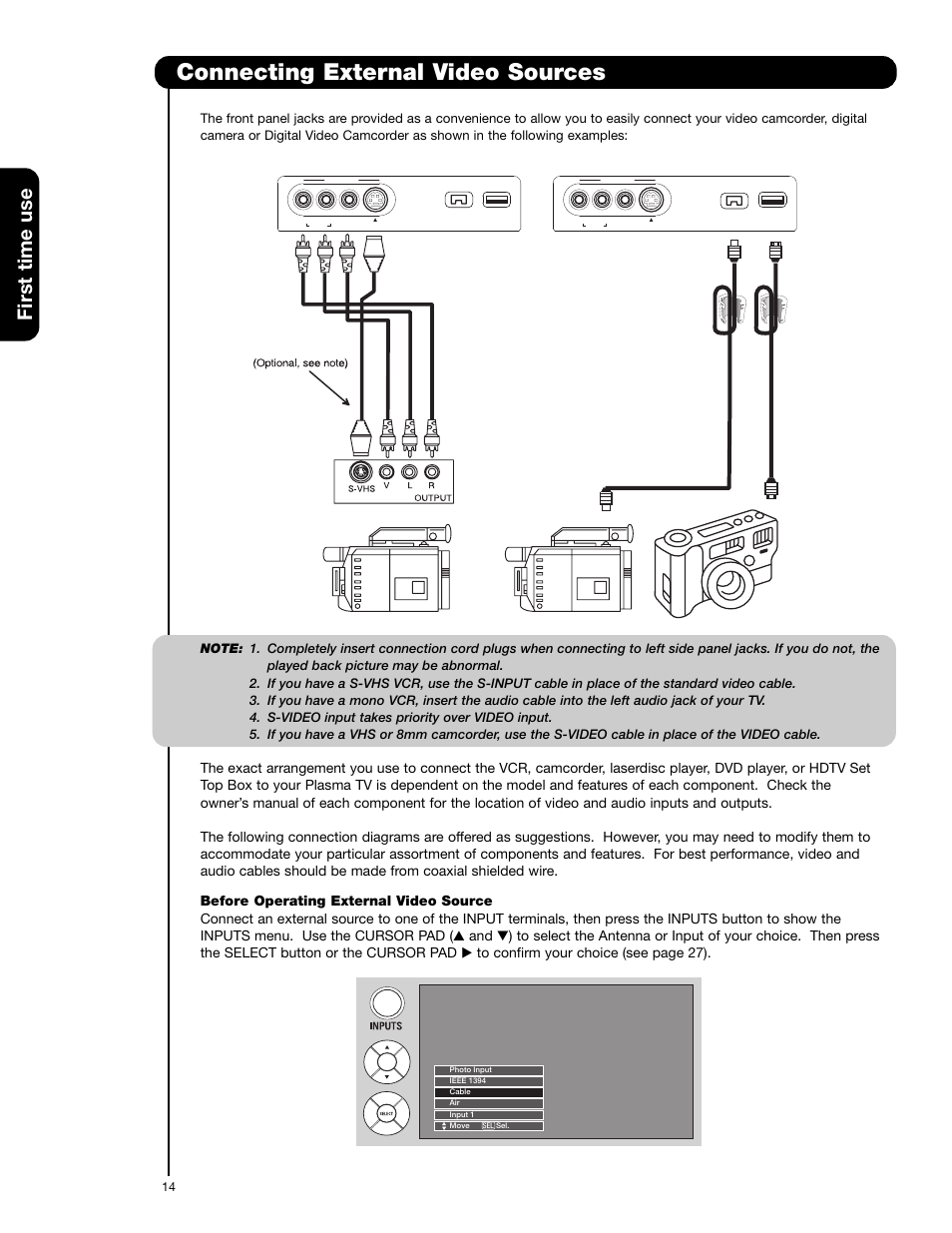 Connecting external video sources, First time use, Left side panel | Hitachi 55HDX62 User Manual | Page 14 / 105