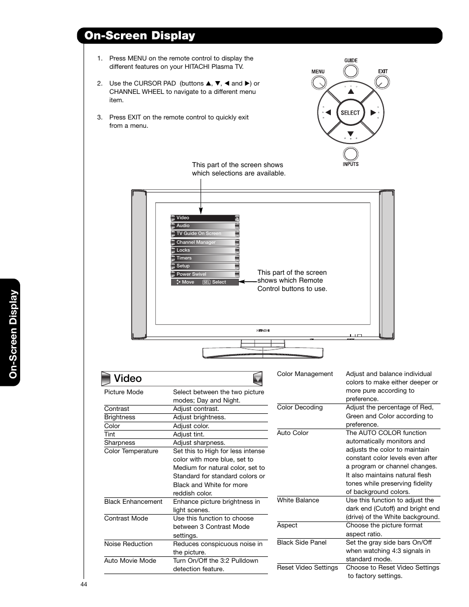 On-screen display, Video, On-scr een display | Hitachi 55HDX62 User Manual | Page 44 / 105