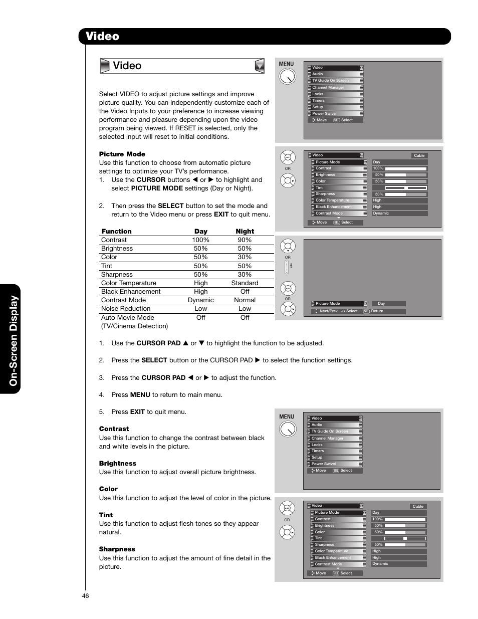 Video, On-scr een display | Hitachi 55HDX62 User Manual | Page 46 / 105