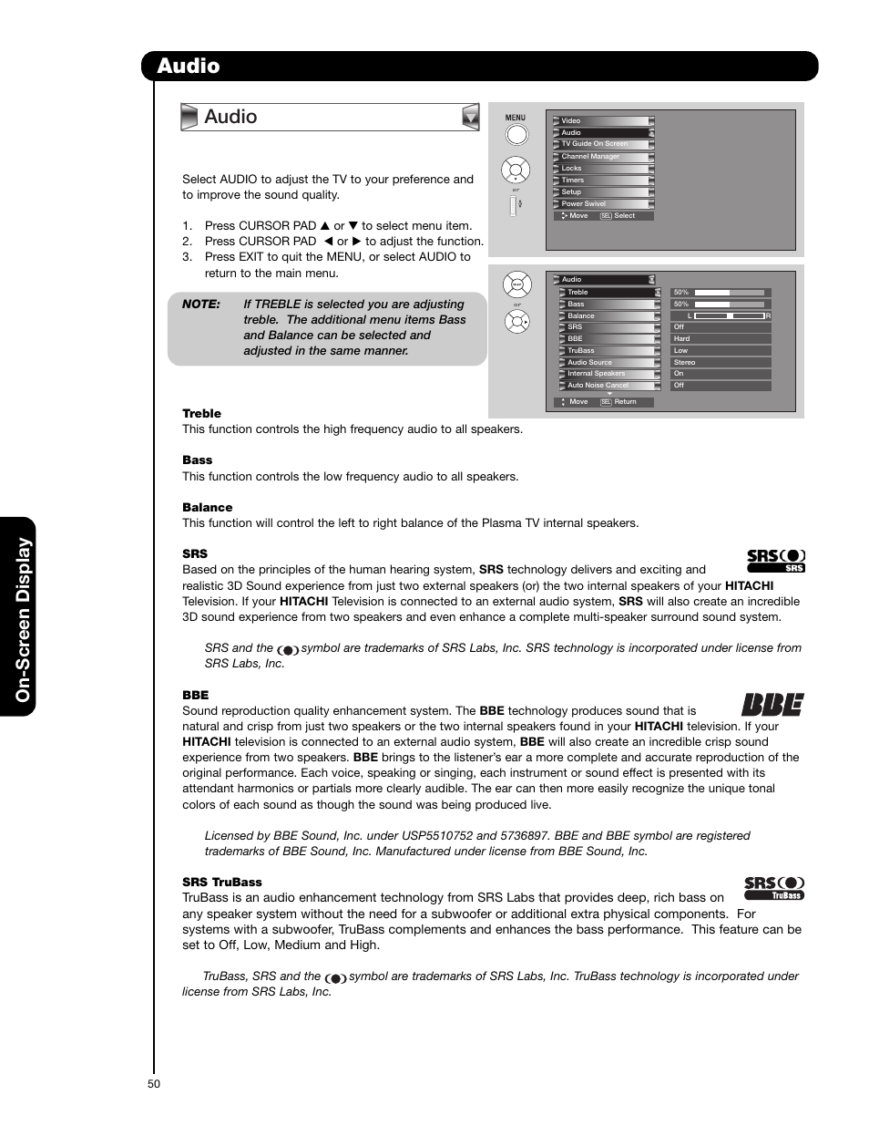 Audio, On-scr een display | Hitachi 55HDX62 User Manual | Page 50 / 105