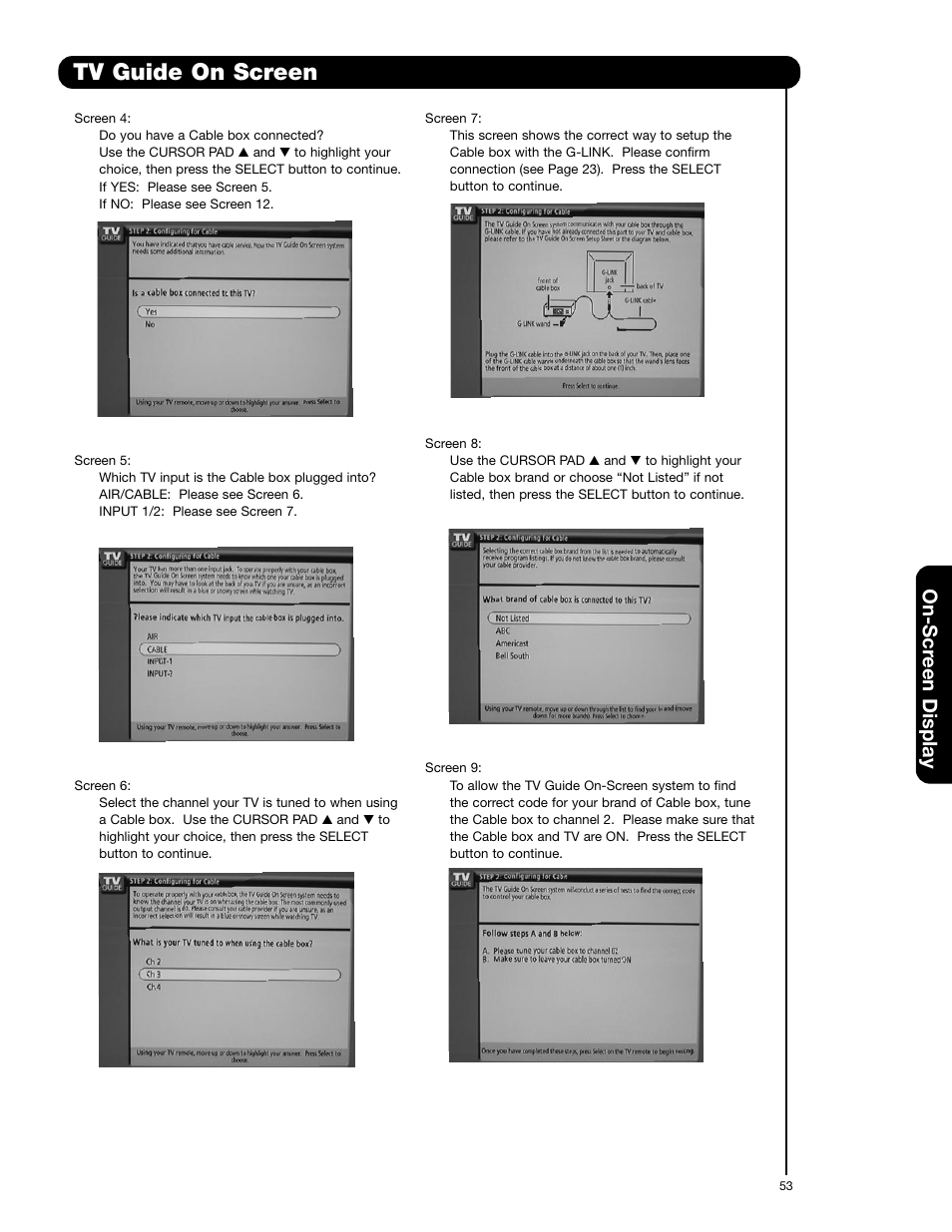 Tv guide on screen, On-scr een display | Hitachi 55HDX62 User Manual | Page 53 / 105