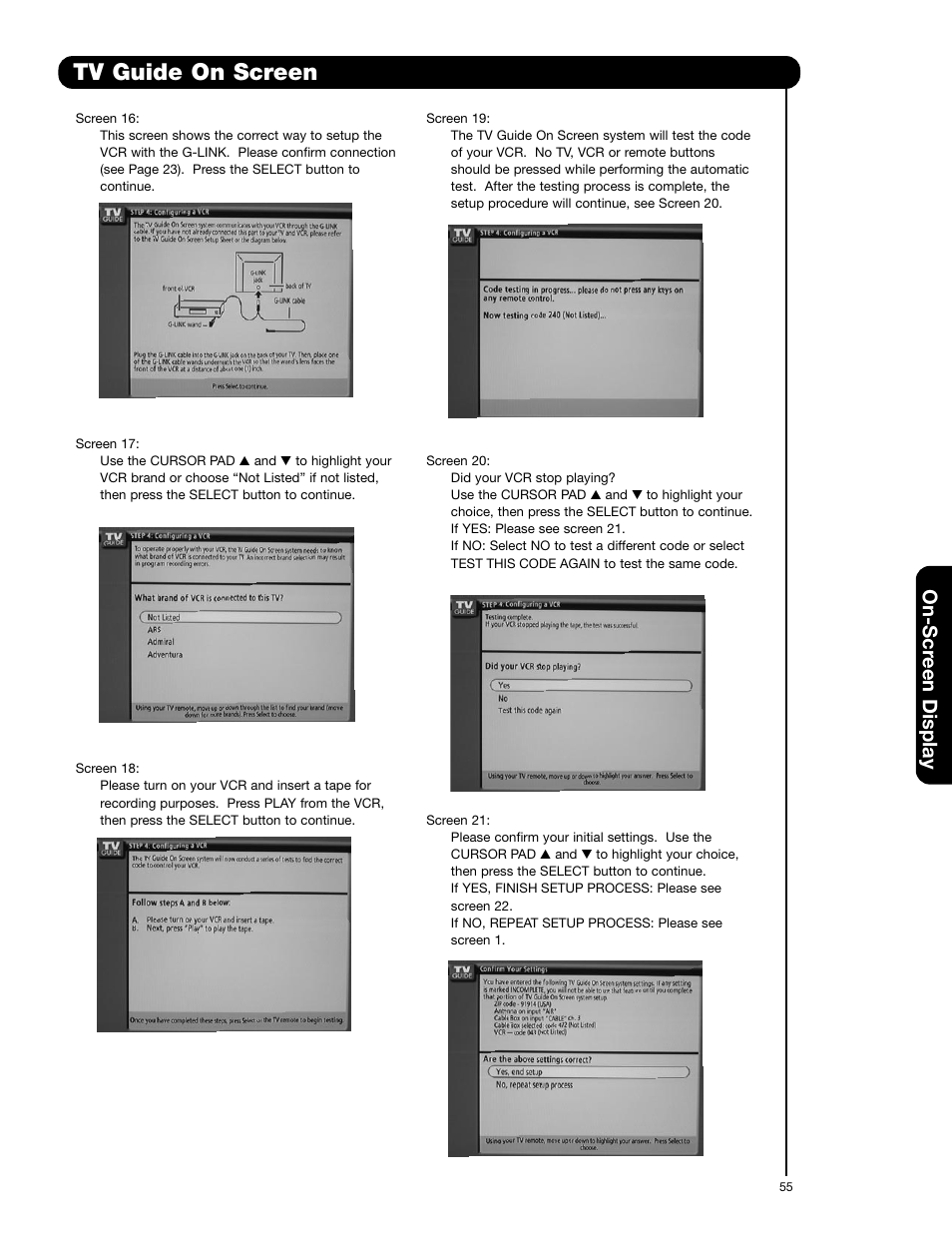 Tv guide on screen, On-scr een display | Hitachi 55HDX62 User Manual | Page 55 / 105