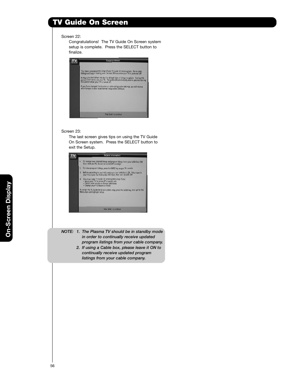 Tv guide on screen, On-scr een display | Hitachi 55HDX62 User Manual | Page 56 / 105