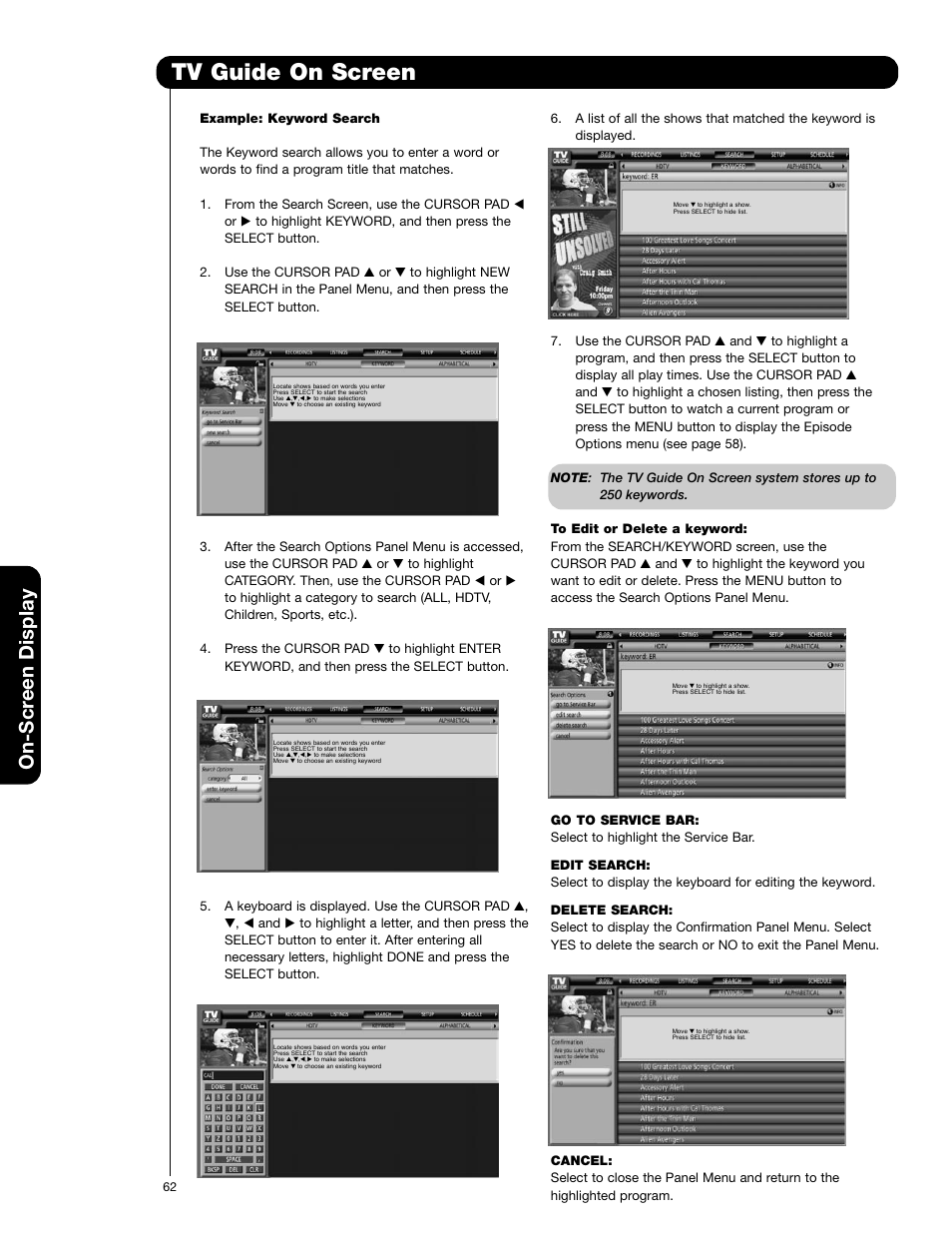 Tv guide on screen, On-scr een display | Hitachi 55HDX62 User Manual | Page 62 / 105