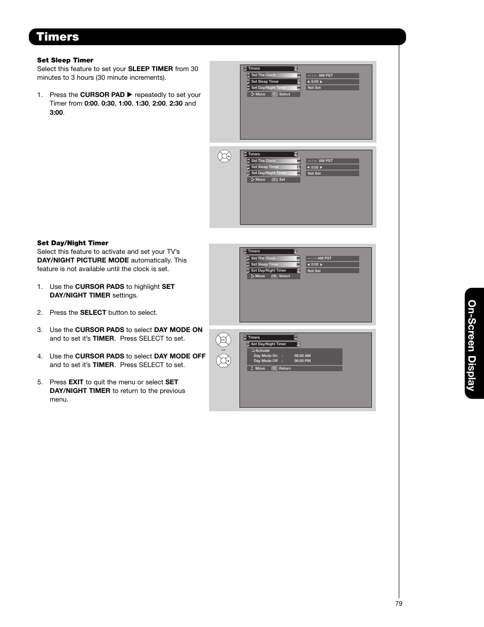 Timers, On-scr een display | Hitachi 55HDX62 User Manual | Page 79 / 105