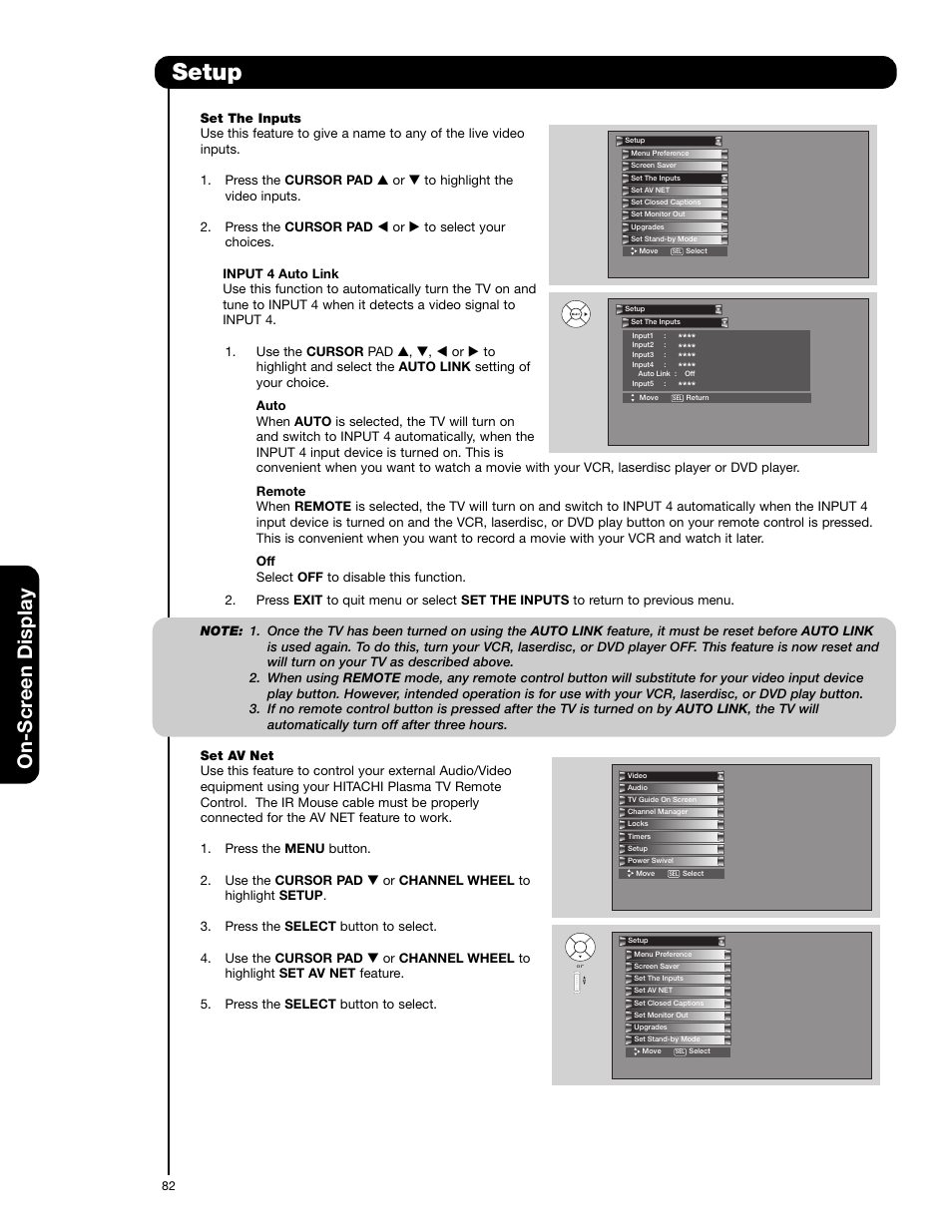 Setup, On-scr een display | Hitachi 55HDX62 User Manual | Page 82 / 105