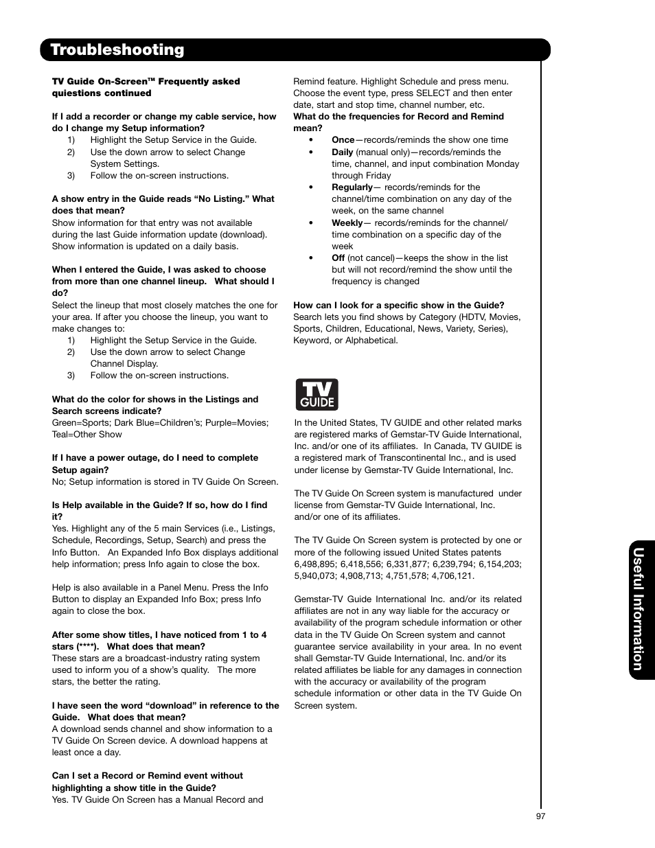 Troubleshooting, Useful information | Hitachi 55HDX62 User Manual | Page 97 / 105